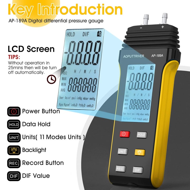 AOPUTTRIVER Digital Manometer,Dual Port Air Pressure Meter 6Psi Pressure Gauge HVAC Gas Tester with 11 Selectable Units,Data Logging and Zeroing AP-189A - Image 3